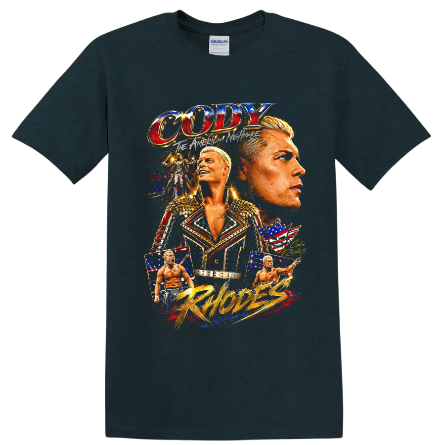 Cody Rhodes American Nightmare wrestling collage with ring portraits, stars, and gold on a Midnight (Green) T Shirt
