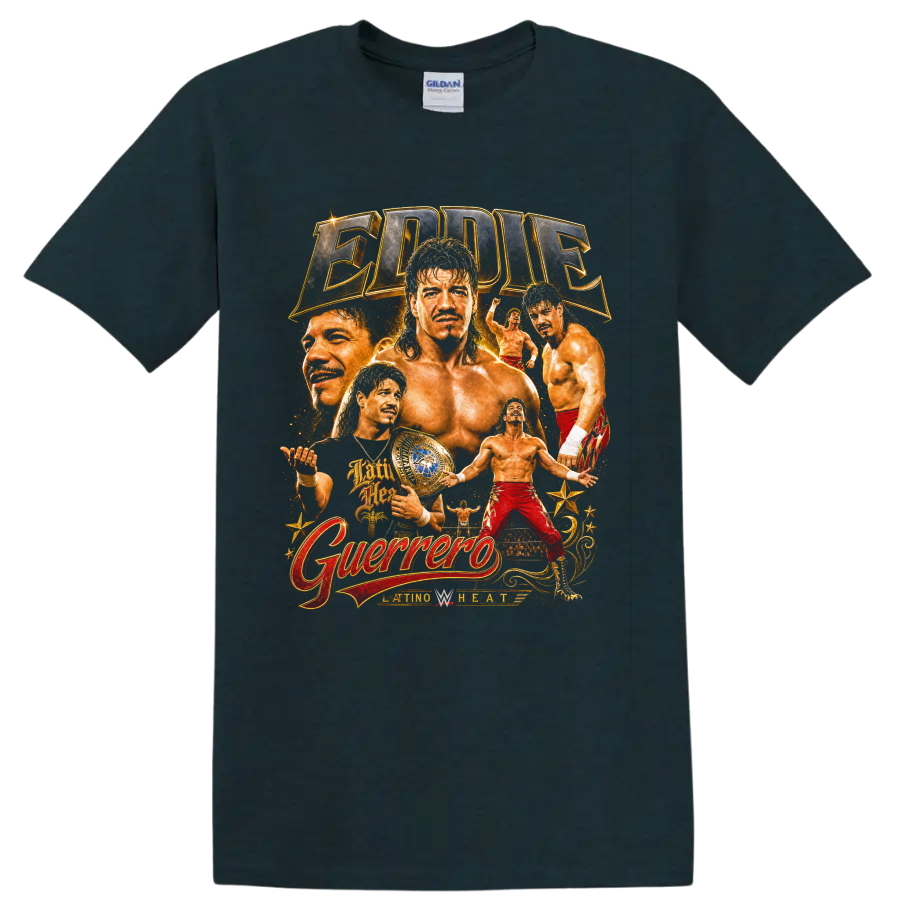 Eddie Guerrero wrestling portrait collage with championship belt and Latino Heat lettering on a Midnight (Green) T Shirt