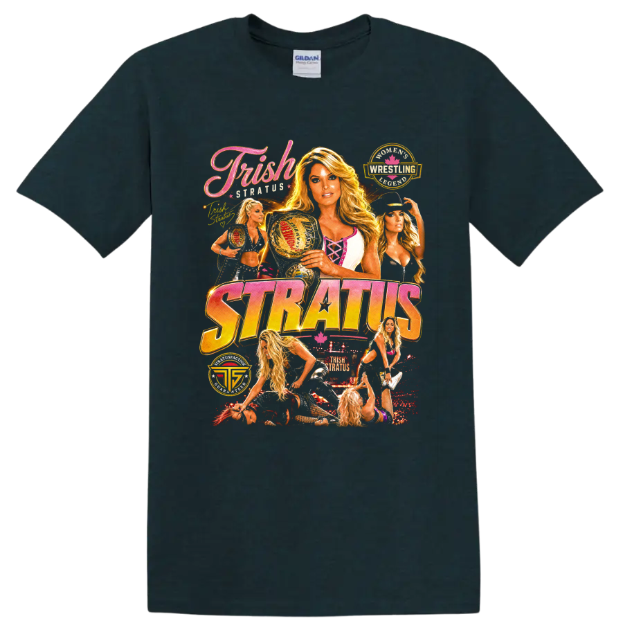 Trish Stratus retro wrestling collage with championship belt and STRATUS lettering on a Midnight (Green) T Shirt