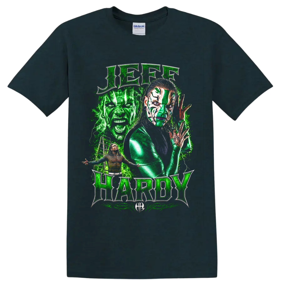 Jeff Hardy green face paint wrestling portrait with lightning and metallic lettering on a Midnight (Green) T Shirt
