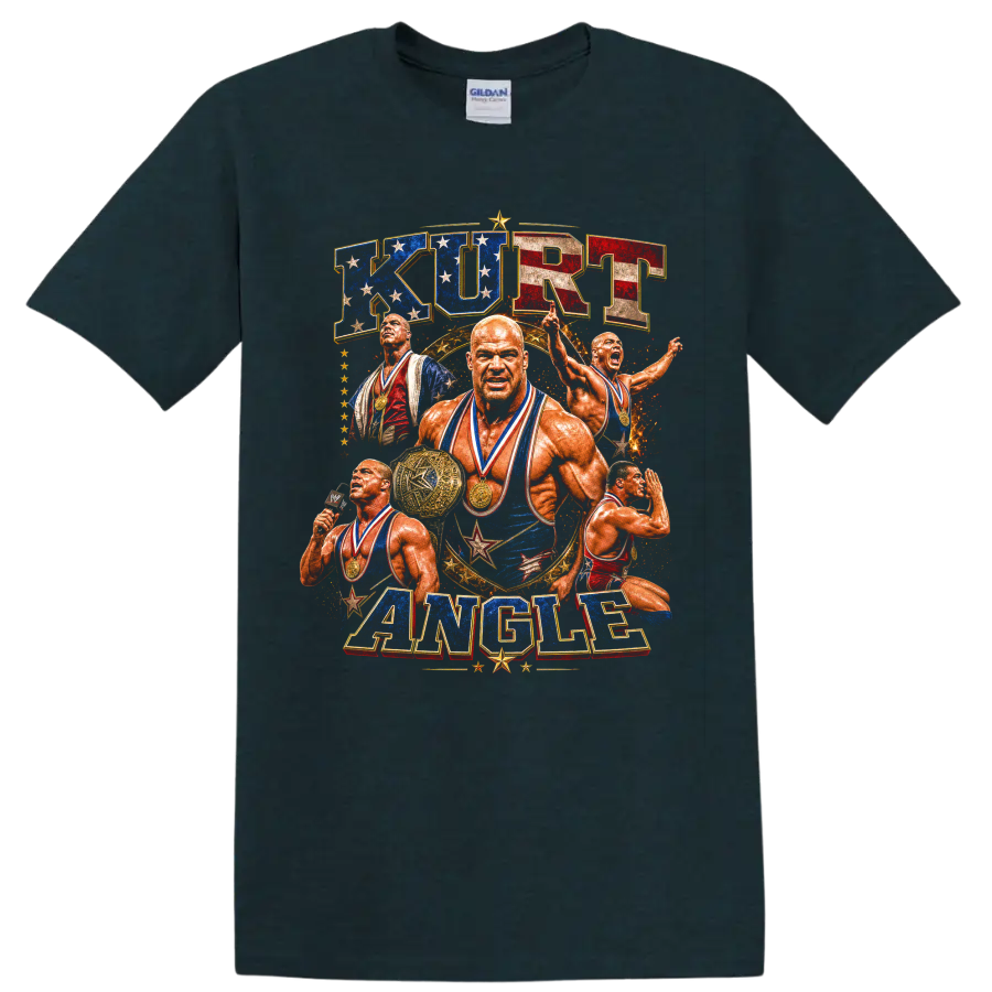Kurt Angle patriotic wrestling collage with Olympic medals, stars, belt, and retro on a Midnight (Green) T Shirt