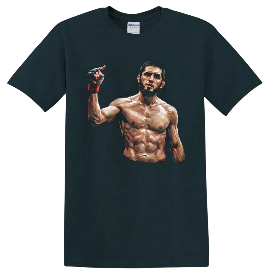 Khabib Nurmagomedov painted MMA fighter portrait with raised gloved hand on a Midnight (Green) T Shirt