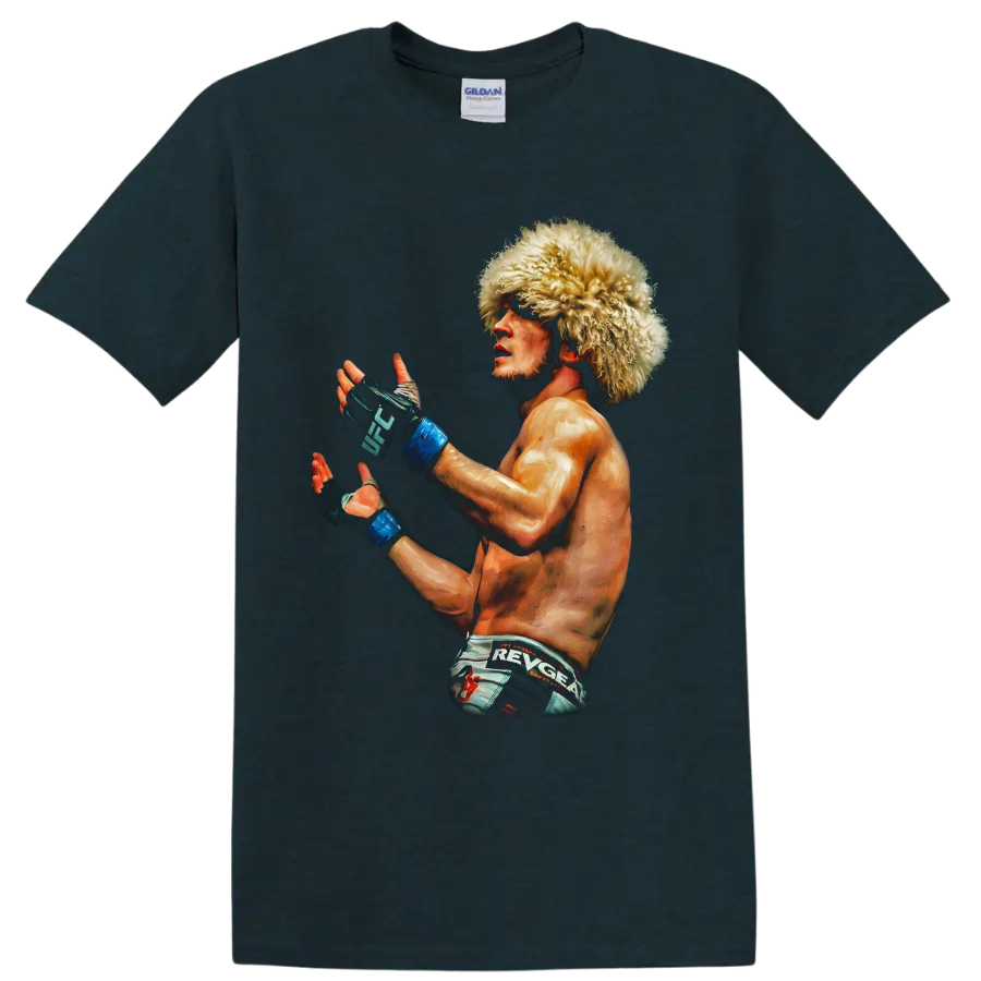 Painted Khabib Nurmagomedov MMA portrait in papakha hat and UFC gloves on a Midnight (Green) T Shirt