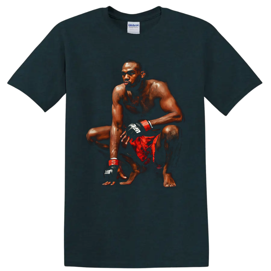 Painted Jon Jones crouching MMA fighter portrait in red shorts and black gloves on a Midnight (Green) T Shirt