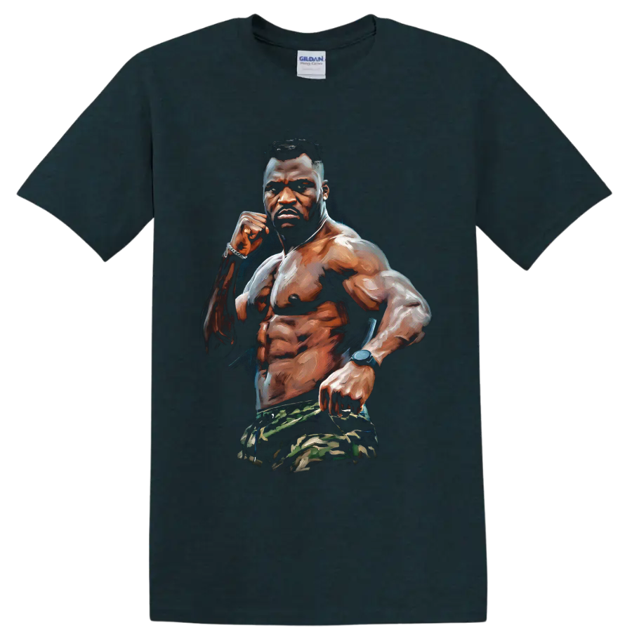 Francis Ngannou painted MMA fighter portrait with raised fist and camouflage shorts on a Midnight (Green) T Shirt
