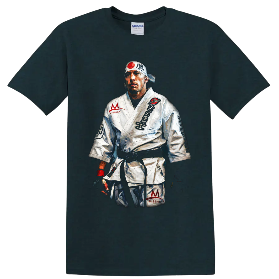 Painted Georges St-Pierre MMA fighter portrait in white gi and headband on a Midnight (Green) T Shirt