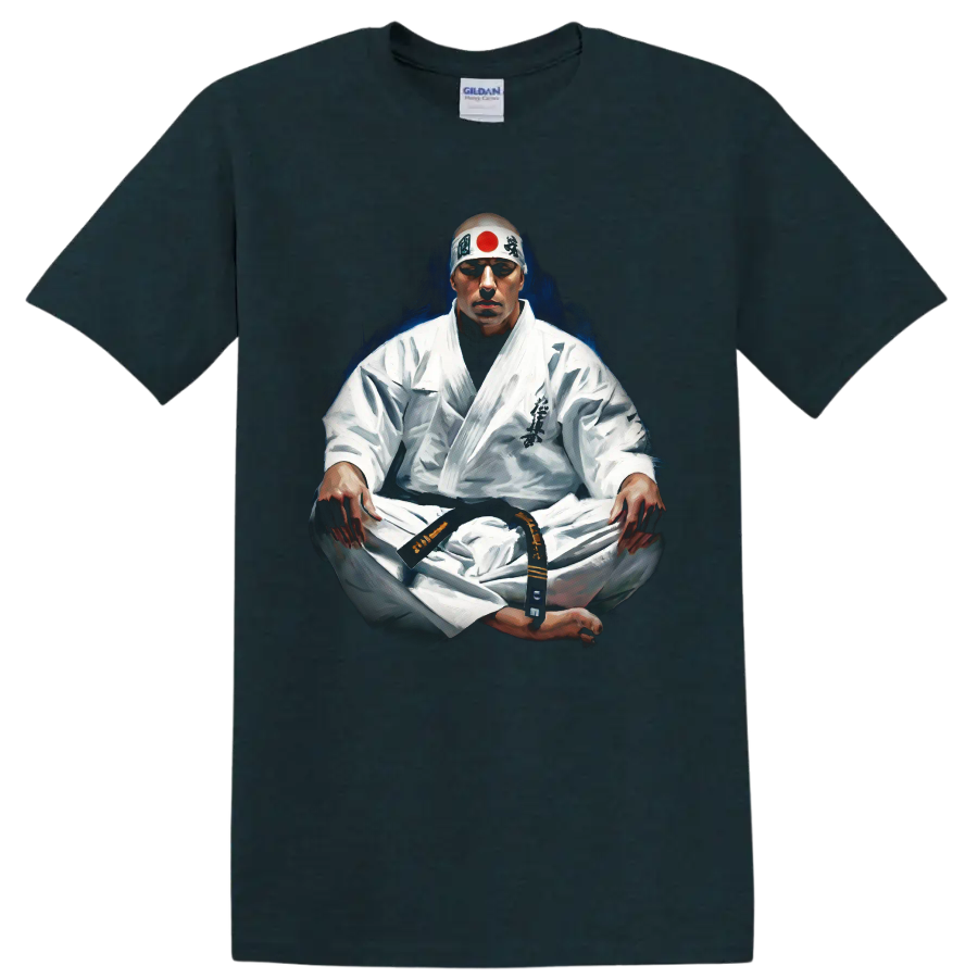 Masutatsu Oyama seated in meditation, painterly Kyokushin karate portrait on a Midnight (Green) T Shirt