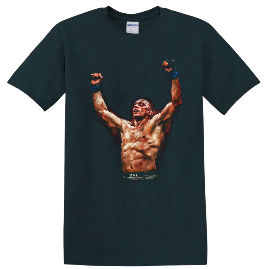 Georges St-Pierre inspired painterly MMA fighter raising blue-gloved fists on a Midnight (Green) T Shirt
