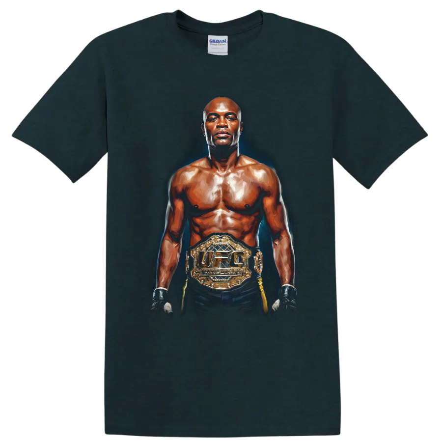 Anderson Silva painterly UFC champion portrait with gloves and gold title belt on a Midnight (Green) T Shirt