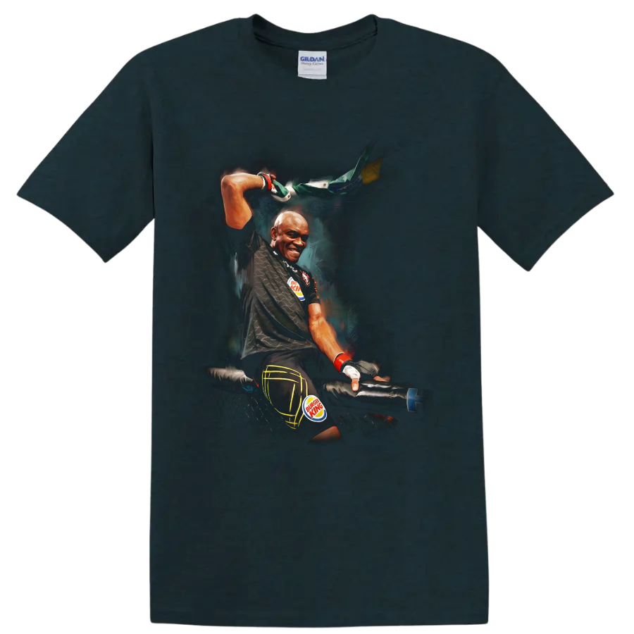 Anderson Silva in a dramatic painted cage-victory pose with raised Brazilian flag on a Midnight (Green) T Shirt