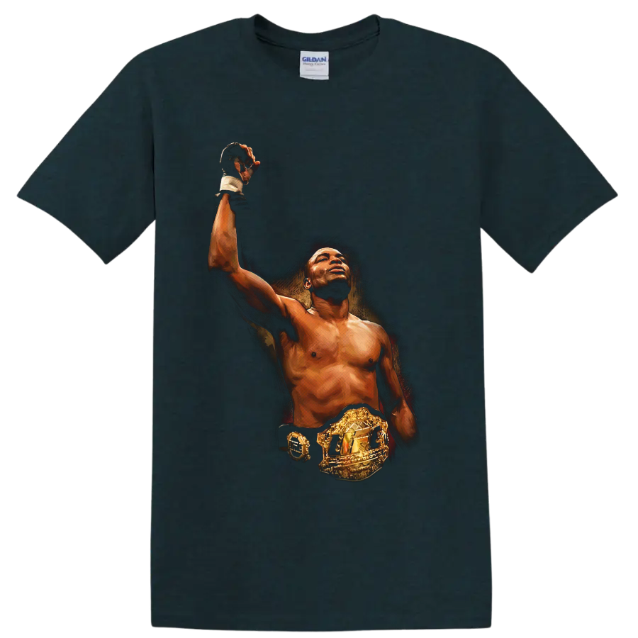Kevin Randleman painterly MMA portrait raising a gloved hand with championship belt on a Midnight (Green) T Shirt