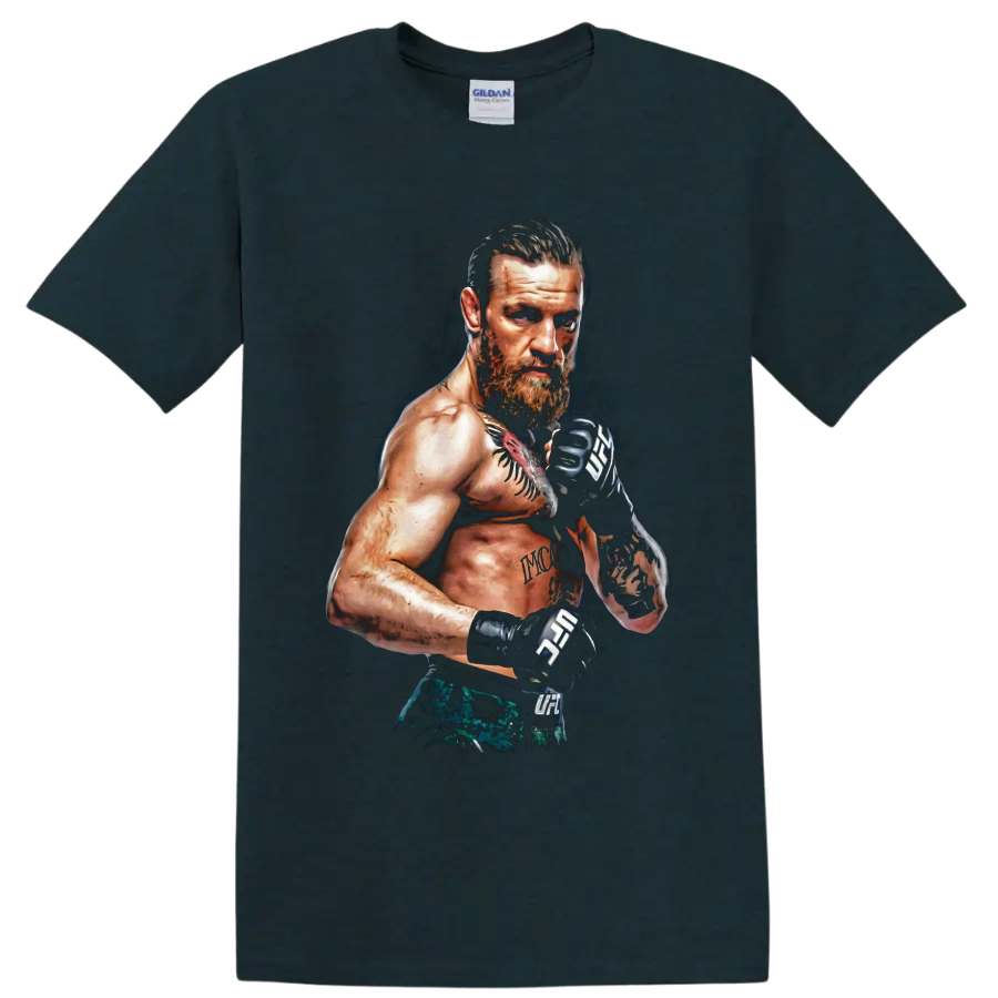 Conor McGregor tattooed MMA fighter portrait in a guarded stance with combat gloves on a Midnight (Green) T Shirt