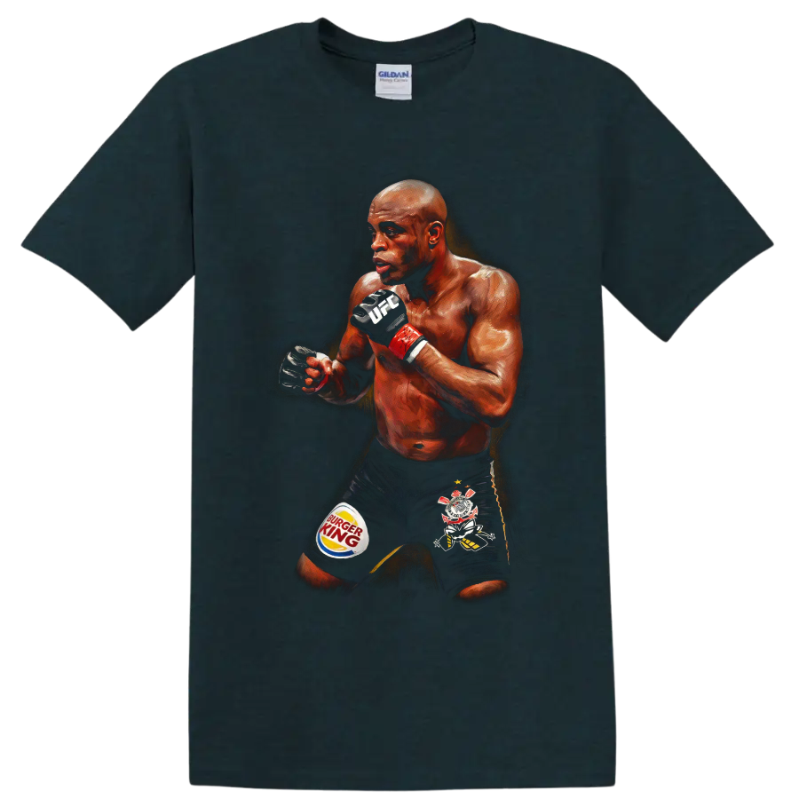 Anderson Silva MMA fighter in a dramatic painterly guarded fighting stance on a Midnight (Green) T Shirt