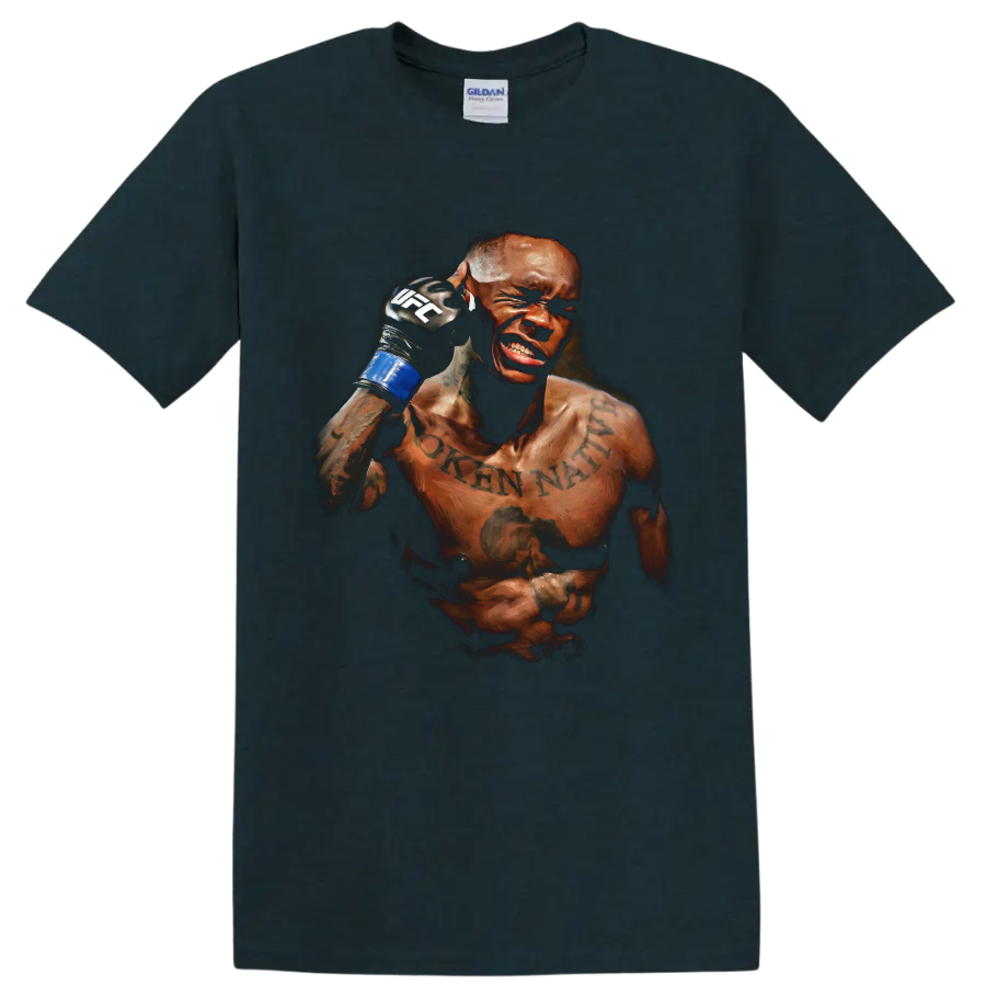 Israel Adesanya intense painted MMA fighter portrait with raised blue glove on a Midnight (Green) T Shirt