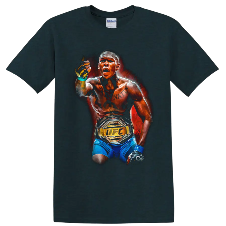 Israel Adesanya painted MMA portrait with UFC championship belt on a Midnight (Green) T Shirt