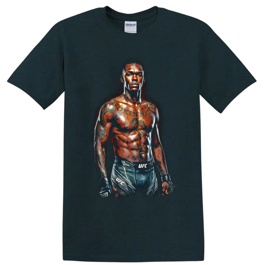 Israel Adesanya painterly MMA fighter portrait wearing gloves and fight shorts on a Midnight (Green) T Shirt