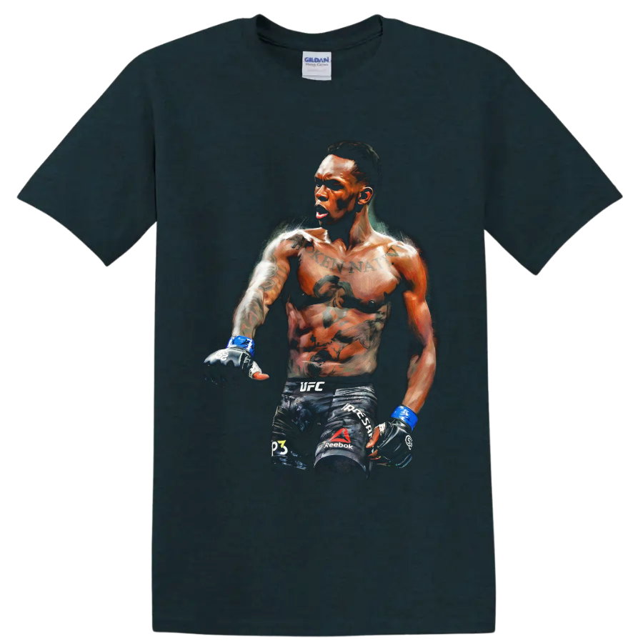 Israel Adesanya MMA fighter portrait in dramatic painterly fight-art style on a Midnight (Green) T Shirt