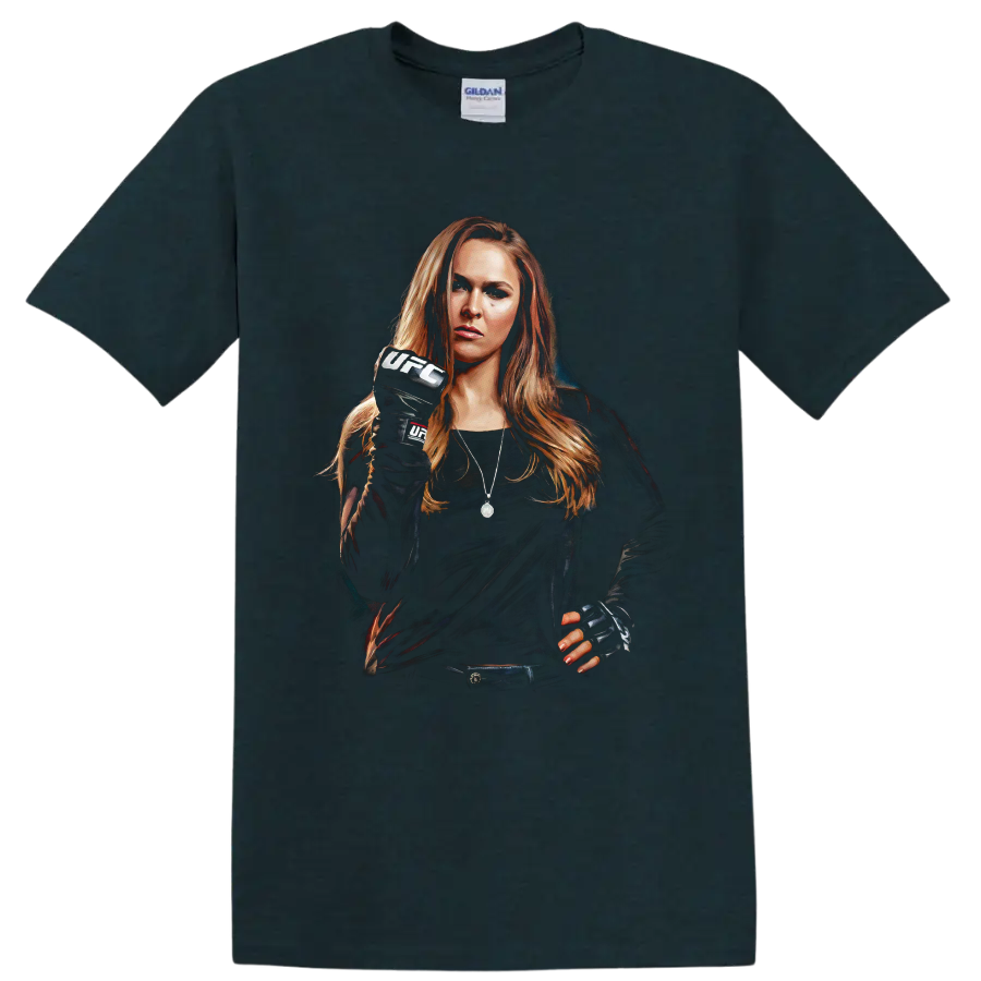 Ronda Rousey MMA fighter portrait in UFC gloves with a raised fist on a Midnight (Green) T Shirt