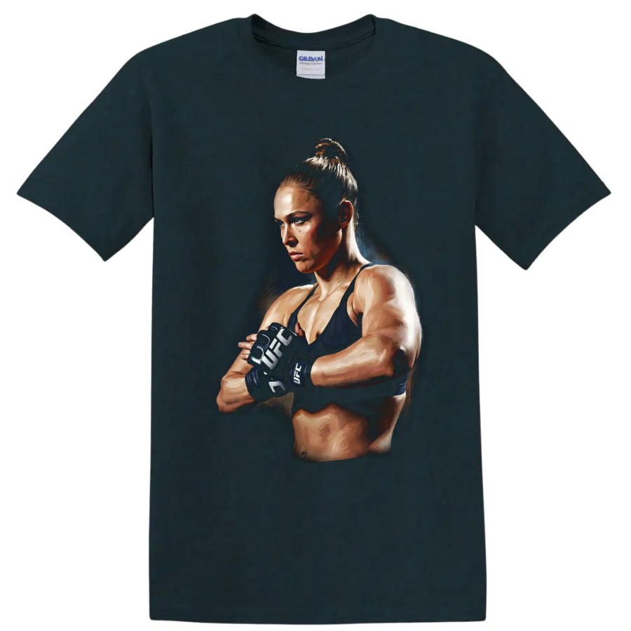 Ronda Rousey MMA fighter in gloves with a dramatic painterly portrait style on a Midnight (Green) T Shirt