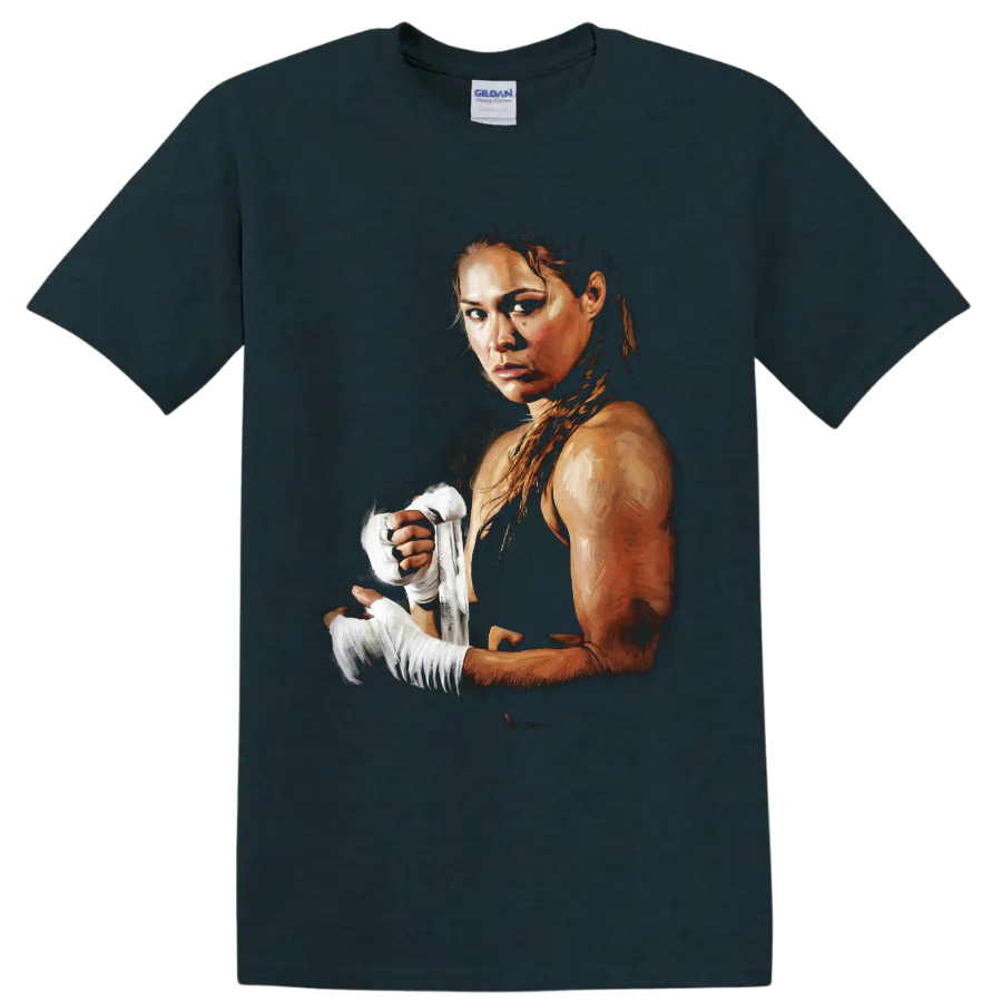 Ronda Rousey MMA fighter portrait with white hand wraps in dramatic painterly art on a Midnight (Green) T Shirt