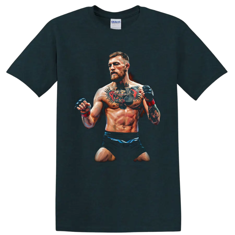 Painted Conor McGregor MMA fighter portrait with raised gloves and prominent tattoos on a Midnight (Green) T Shirt