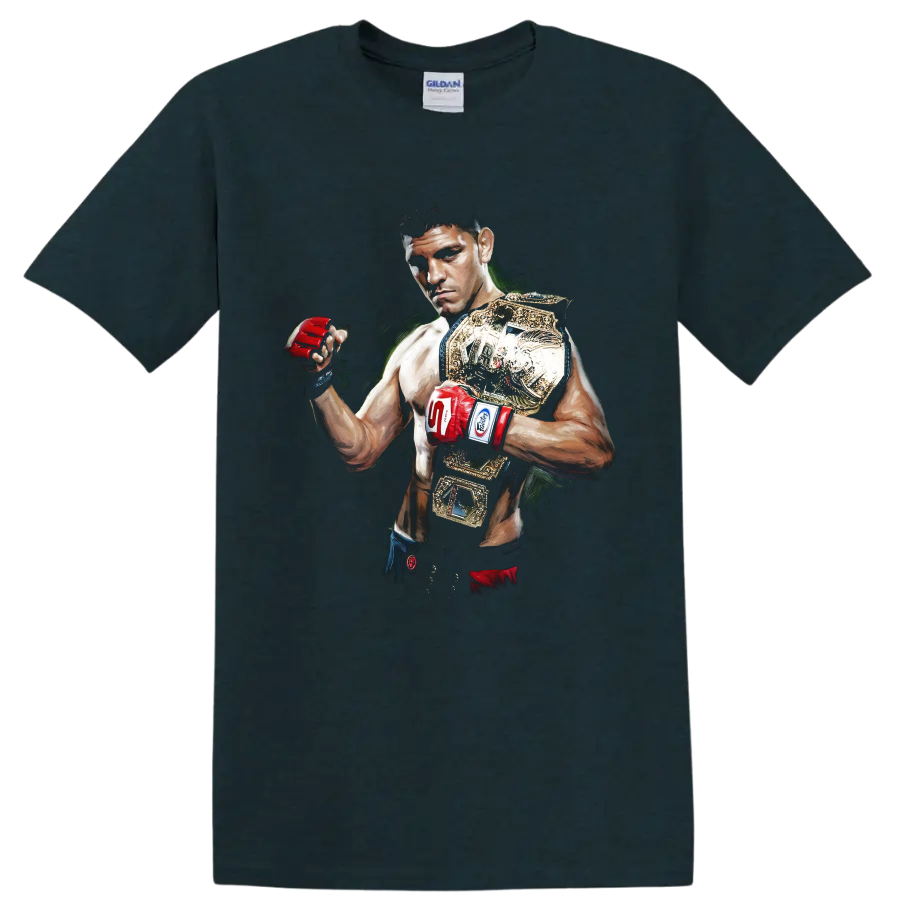 Painted B.J. Penn MMA portrait with red gloves and gold championship belts on a Midnight (Green) T Shirt