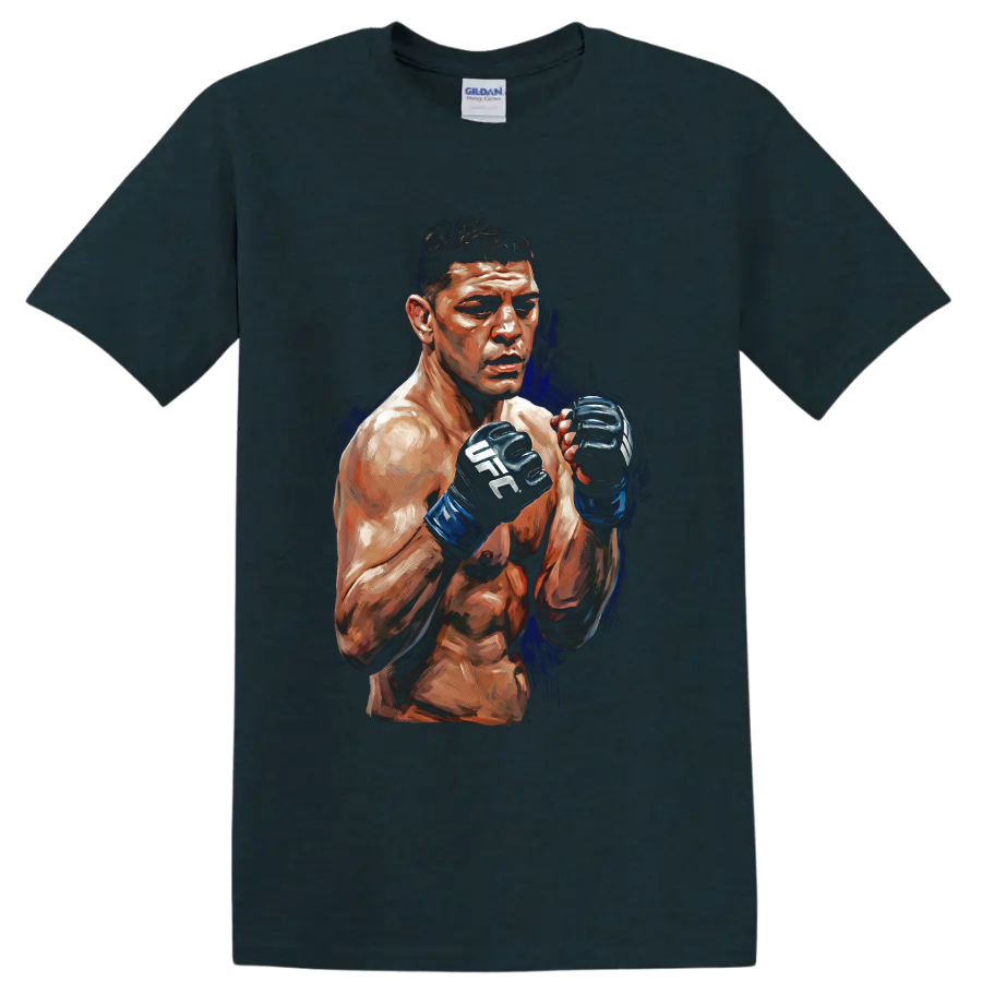 Nate Diaz painted MMA fighter portrait with raised UFC gloves and deep blue accents on a Midnight (Green) T Shirt