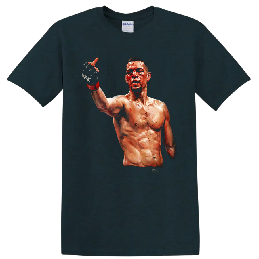 Nate Diaz bloodied MMA fighter portrait with raised gloved hand in painterly style on a Midnight (Green) T Shirt
