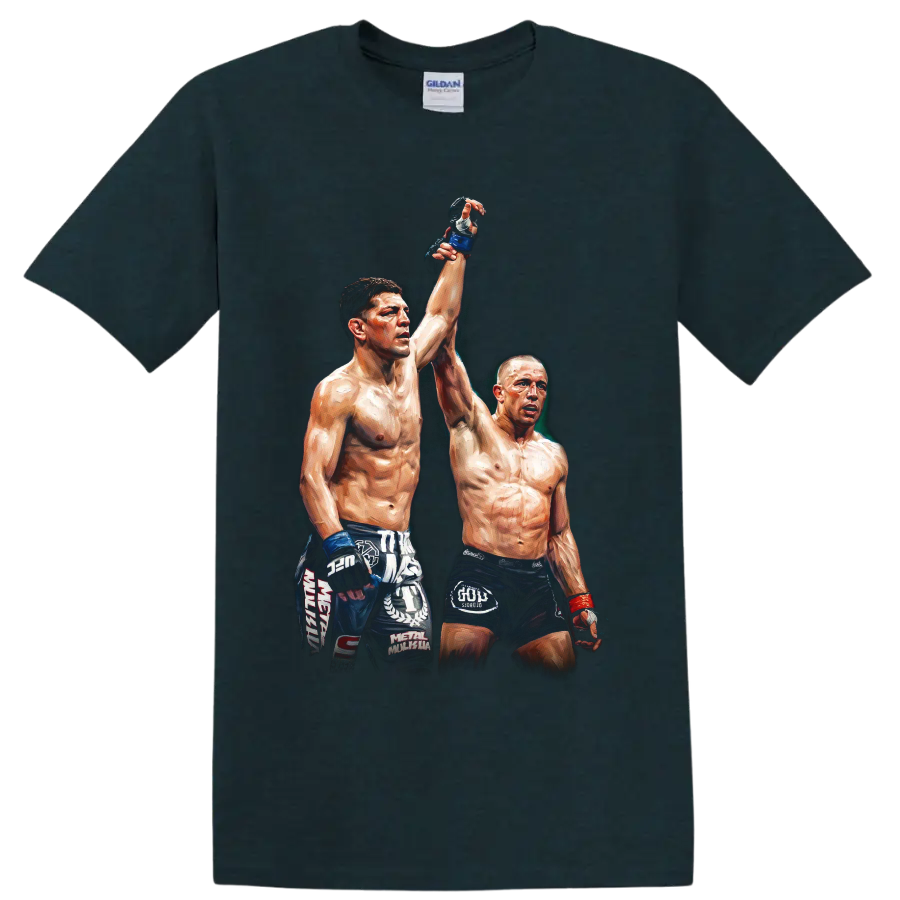 Nick Diaz and Georges St-Pierre in a painterly MMA raised-hand graphic on a Midnight (Green) T Shirt