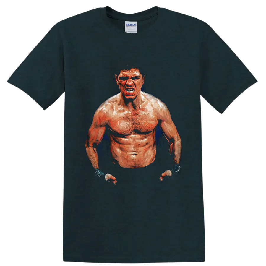 Nick Diaz fierce painted MMA fighter portrait with taped hands and blue accents on a Midnight (Green) T Shirt