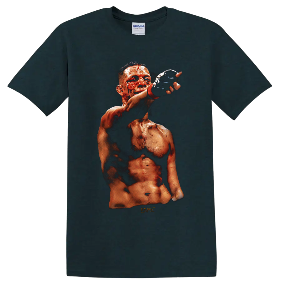 Nate Diaz bloodied MMA fighter portrait with raised black glove in gritty fight-night on a Midnight (Green) T Shirt