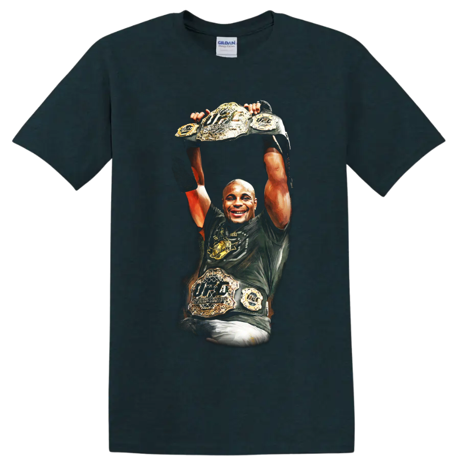 Daniel Cormier illustrated raising UFC championship belts in a triumphant victory pose on a Midnight (Green) T Shirt