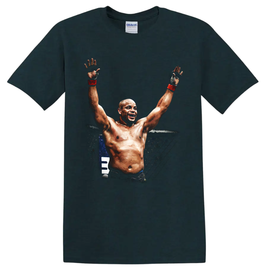 Anderson Silva-style MMA fighter raising gloved hands in a painterly cage victory scene on a Midnight (Green) T Shirt