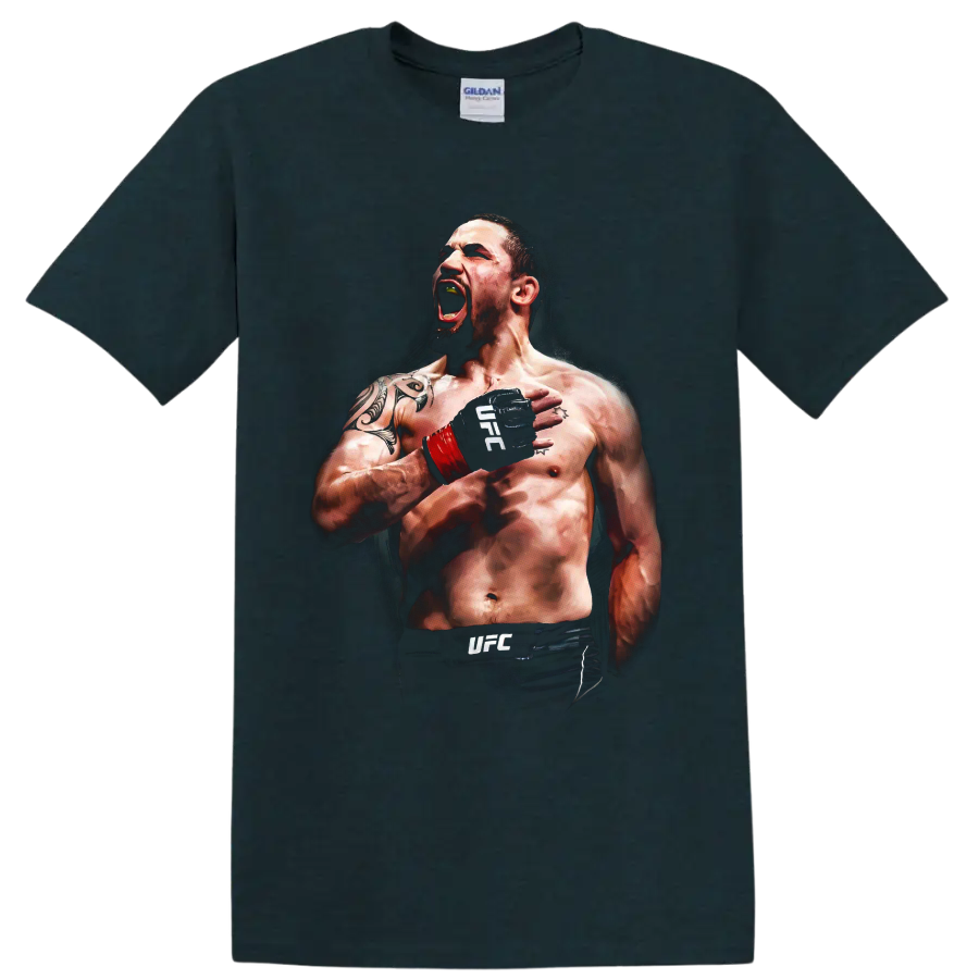 Robert Whittaker The Reaper roaring MMA fighter portrait with red wrist wrap on a Midnight (Green) T Shirt