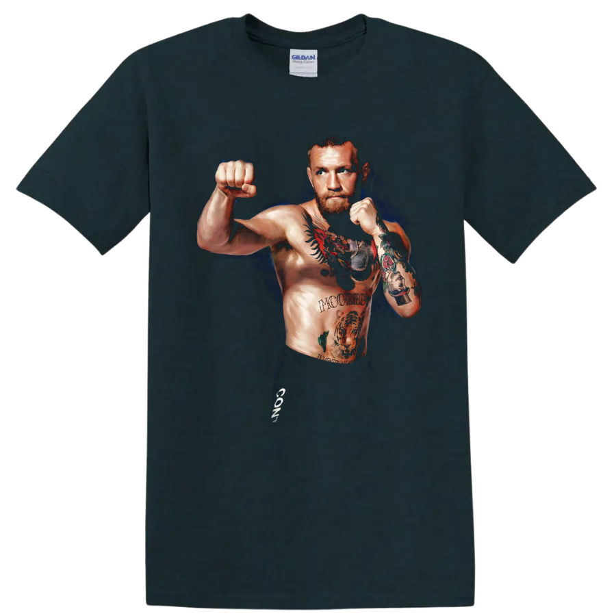 Conor McGregor in a tattooed fighting stance with a deep blue painterly backdrop on a Midnight (Green) T Shirt