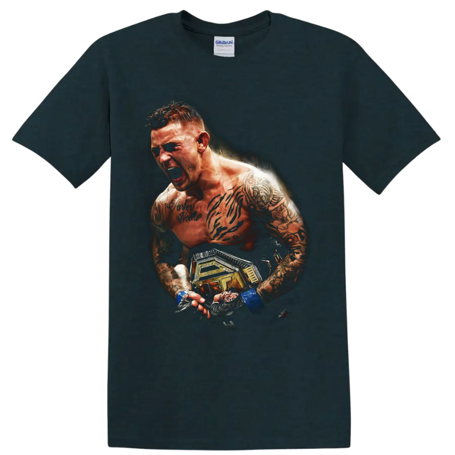 Dustin Poirier roaring MMA fighter portrait with tattoos, blue wraps, and championship on a Midnight (Green) T Shirt