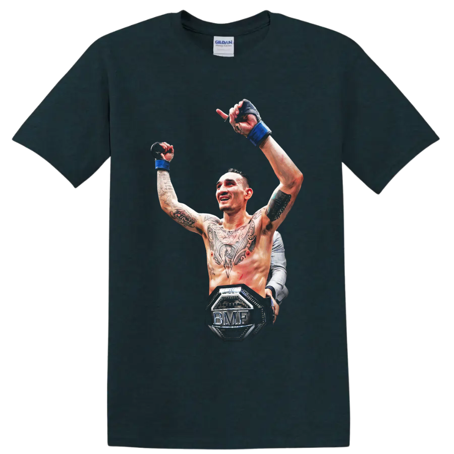 Max Holloway raising gloved hands in detailed MMA victory artwork with BMF belt on a Midnight (Green) T Shirt