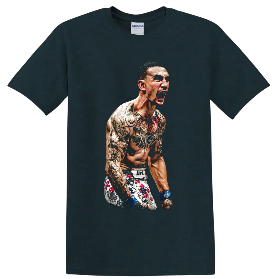 Max Holloway MMA fighter portrait with tattoos, blue wraps, and floral fight shorts on a Midnight (Green) T Shirt