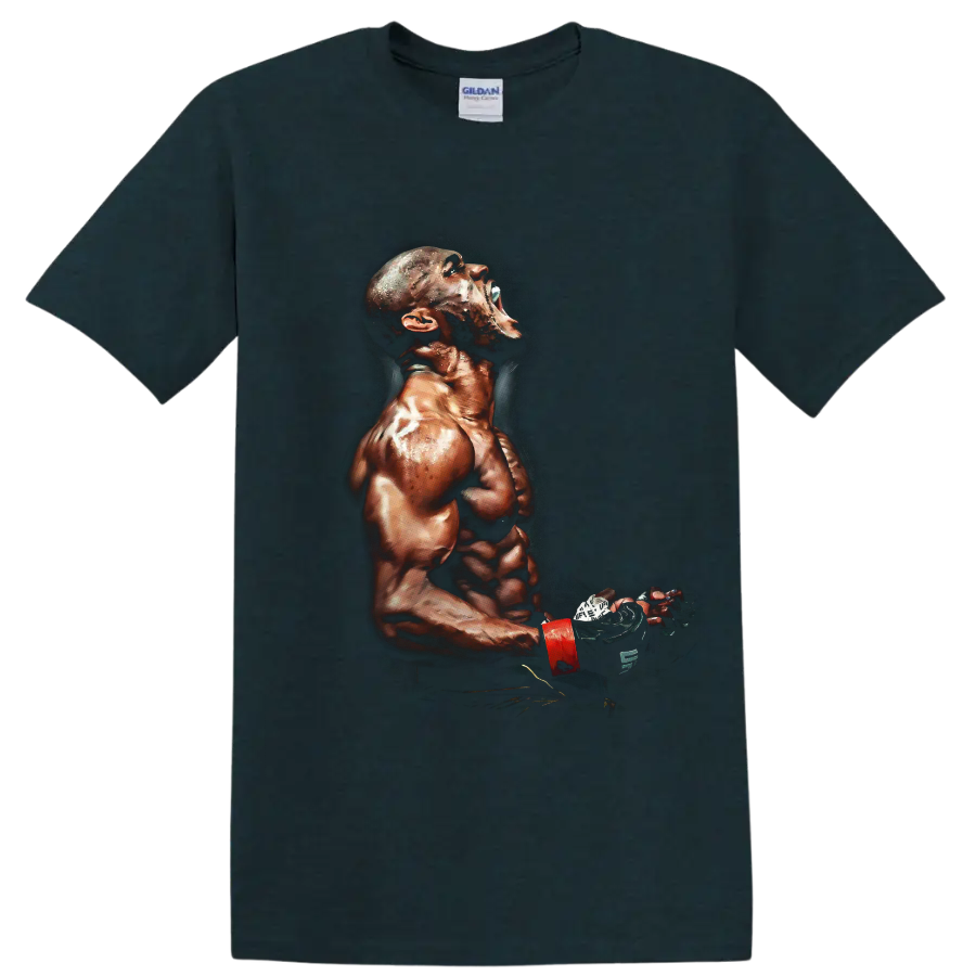 Kamaru Usman painterly MMA fighter portrait with glove and red wrist wrap on a Midnight (Green) T Shirt