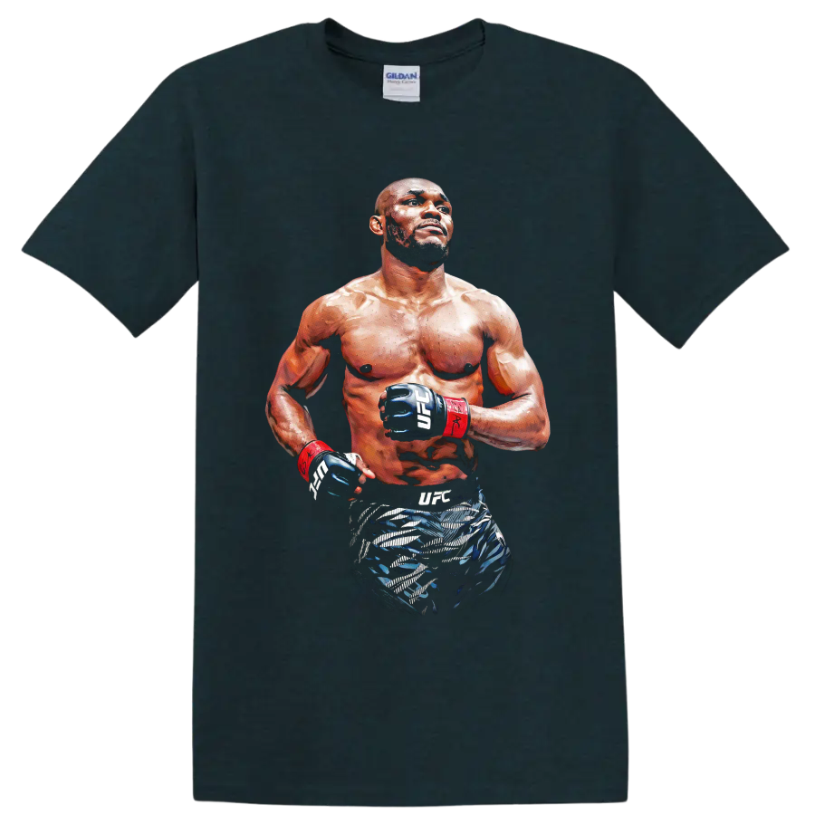 Kamaru Usman painterly MMA fighter portrait wearing UFC gloves and red wrist wraps on a Midnight (Green) T Shirt