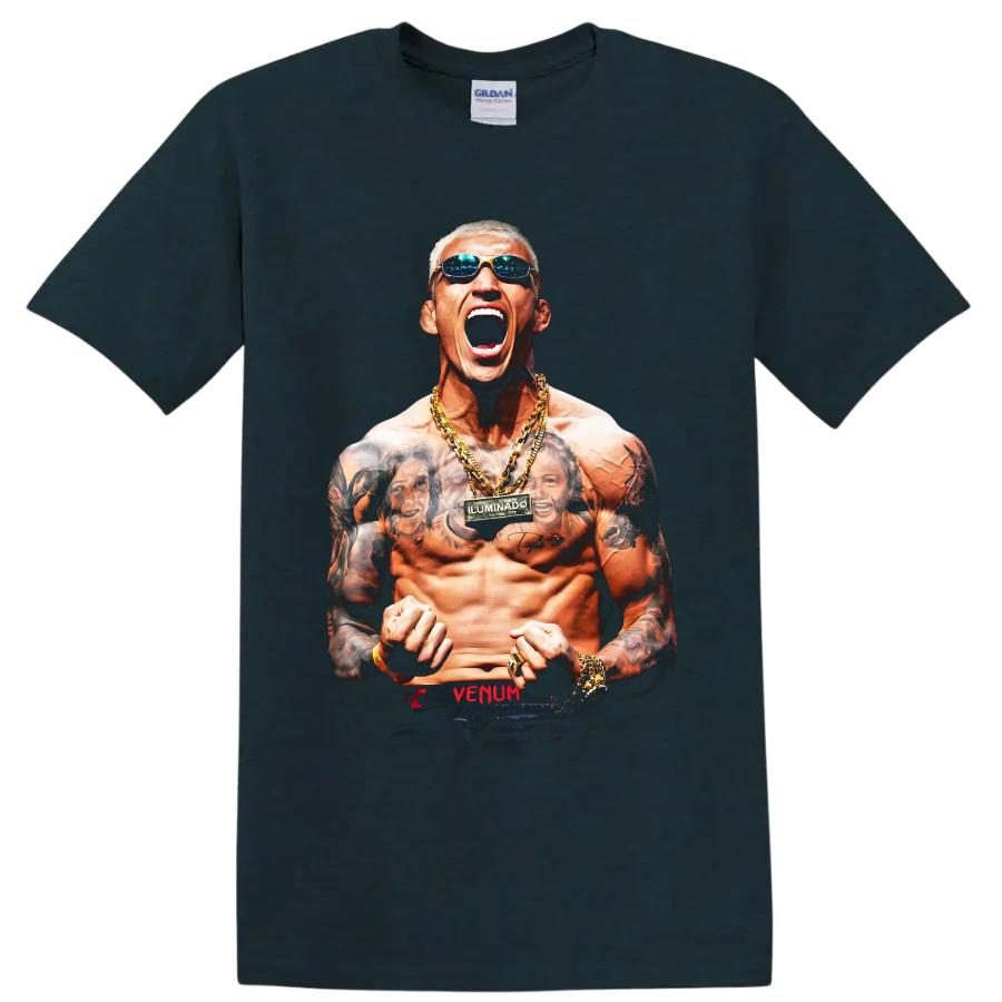 Charles Oliveira roaring tattooed fighter portrait with sunglasses and gold chains on a Midnight (Green) T Shirt