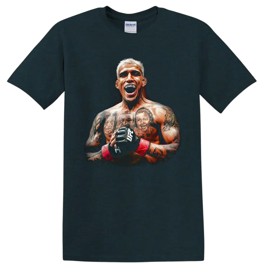 Charles Oliveira roaring MMA fighter portrait with gloves, red wraps, and tattoo artwork on a Midnight (Green) T Shirt