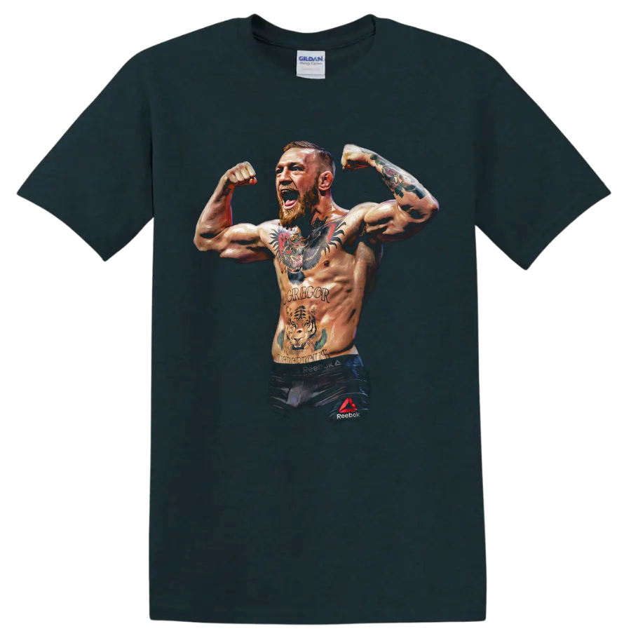 Conor McGregor flexing MMA fighter portrait with tattooed arms in painterly style on a Midnight (Green) T Shirt