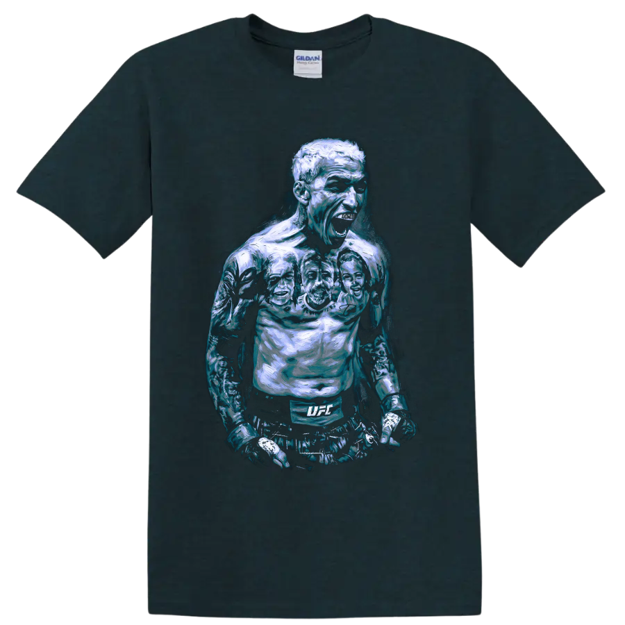 Charles Oliveira roaring MMA fighter portrait in icy blue painterly style on a Midnight (Green) T Shirt