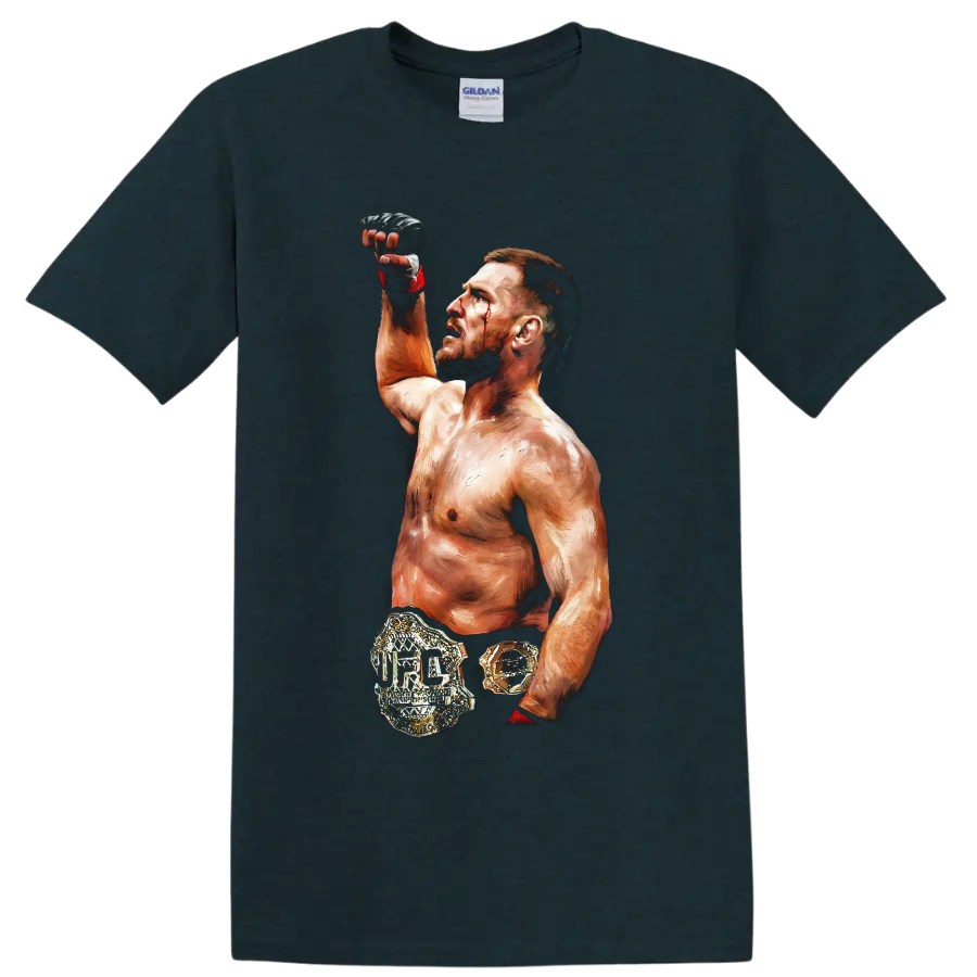 Jan Blachowicz painterly MMA champion portrait with raised glove and gold belt on a Midnight (Green) T Shirt