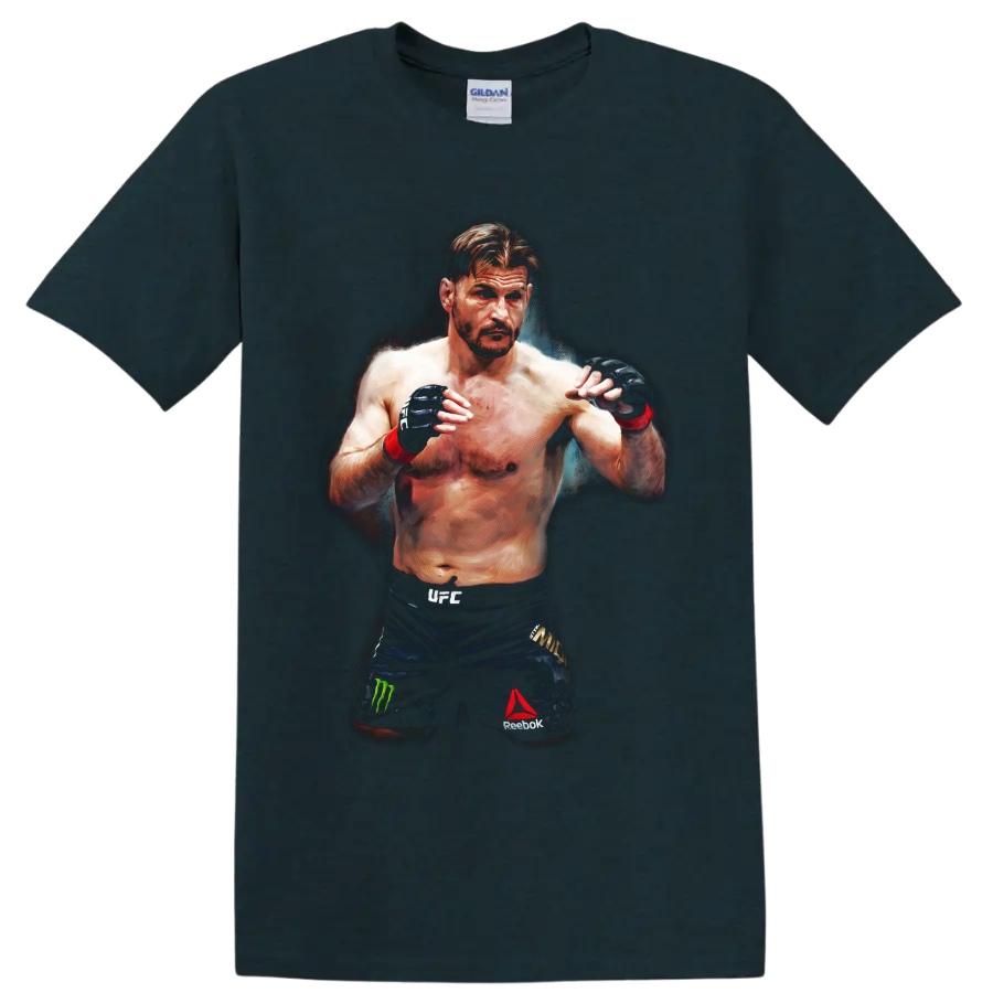Stipe Miocic MMA fighter portrait in a guarded stance with painterly arena lighting on a Midnight (Green) T Shirt