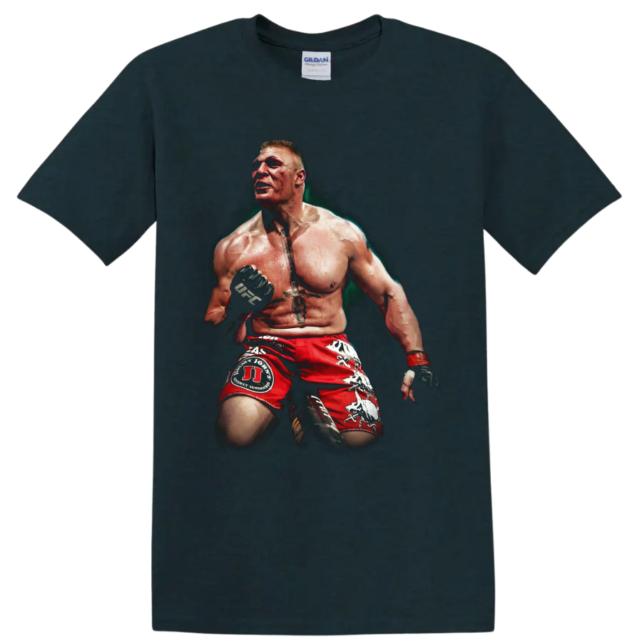 Brock Lesnar MMA portrait in red fight shorts with gloves and dramatic painted shading on a Midnight (Green) T Shirt