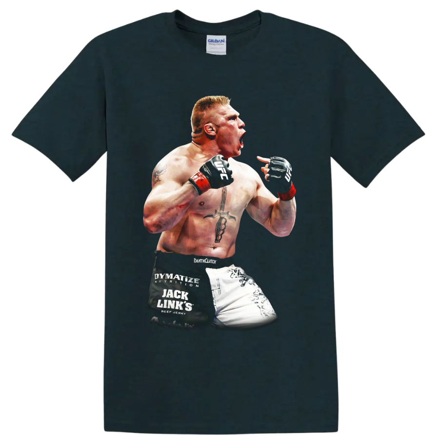 Brock Lesnar roaring in a raised-fist MMA fighter portrait graphic on a Midnight (Green) T Shirt