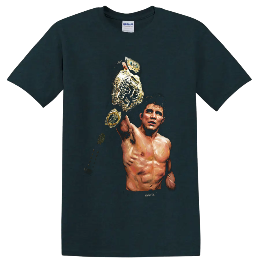 Demetrious Johnson painted MMA portrait raising a gold championship belt on a Midnight (Green) T Shirt