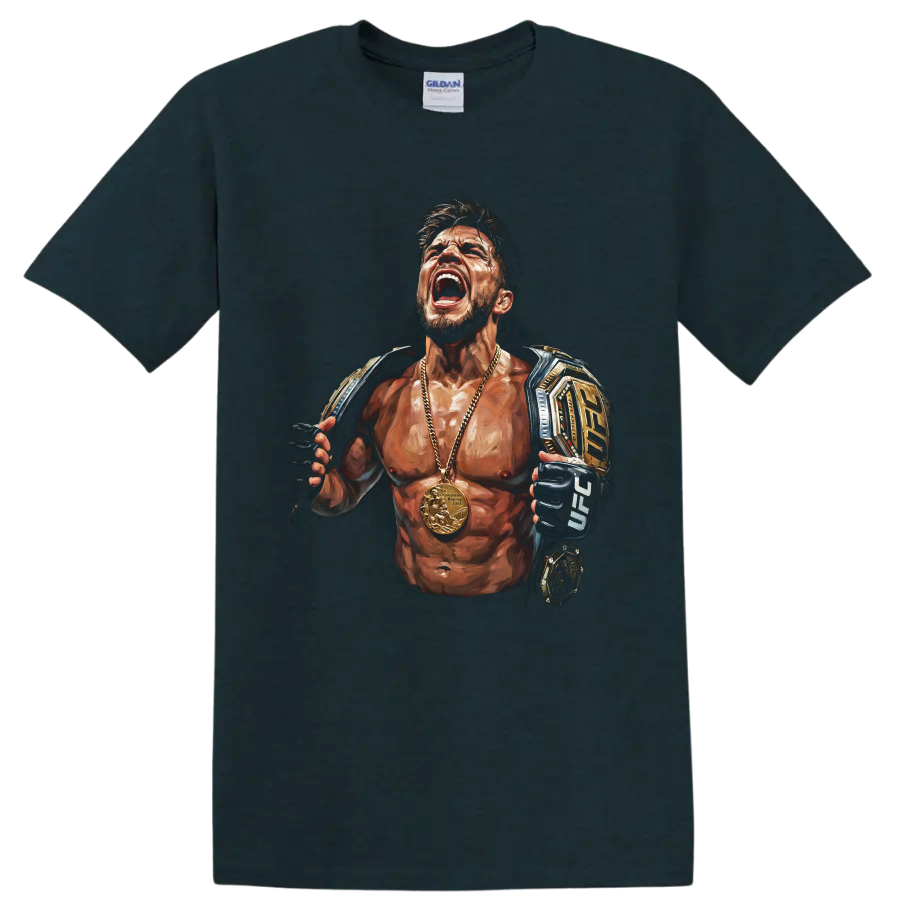 Henry Cejudo Triple C painted MMA champion portrait with belts, gloves, and gold medal on a Midnight (Green) T Shirt
